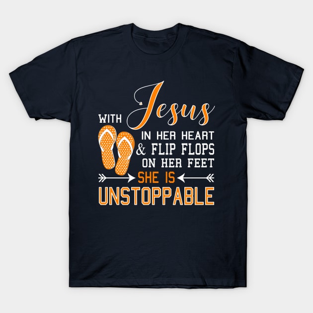 WITH JESUS IN HER HEART & FLIP FLOPS ON FEET She Is product T-Shirt by nikkidawn74